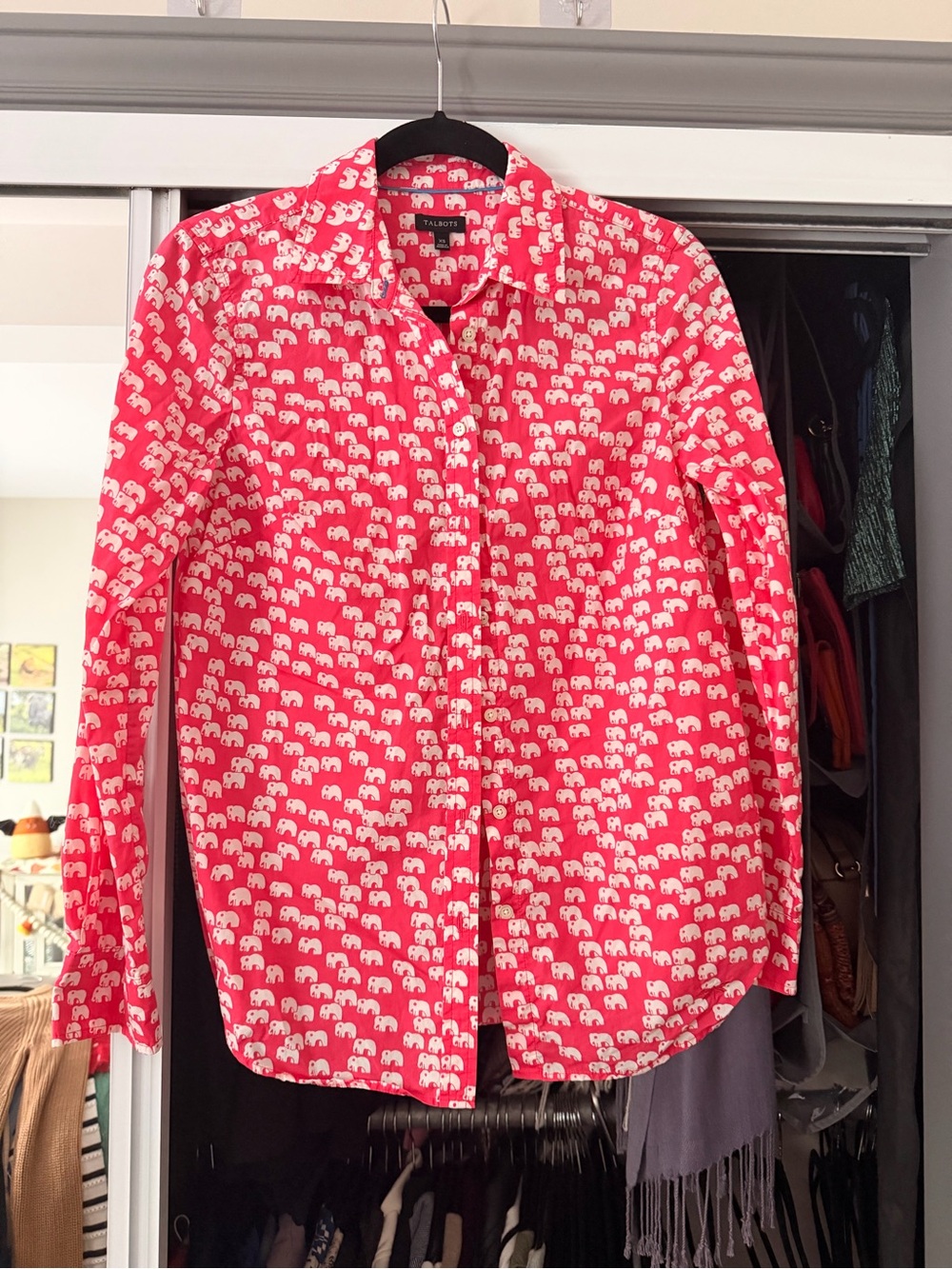Talbots Pink Button-Down Shirt with White Elephant Print